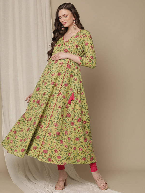 Light Brown with Pink Flowers, Gold Embroidery, and sequins Maternity Kurti  – House Of Zelena™